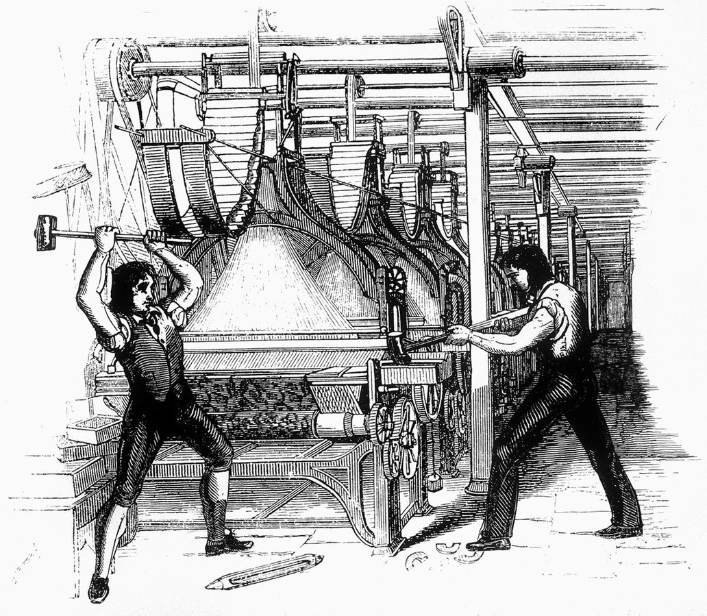 Luditas destruindo m&aacute;quinas numa f&aacute;brica em Inglaterra/ Frame-breakers, or Luddites, smashing a loom, autor desconhecido/ unknown author, 1812