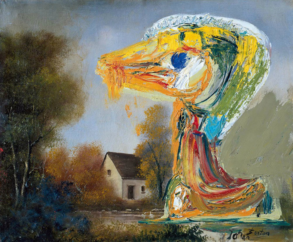 JORN, Asger. Le Canard Inquiétant, &oacute;leo sobre pintura encontrada/oil on found canvas, 53 x 64.5 cm, 1959