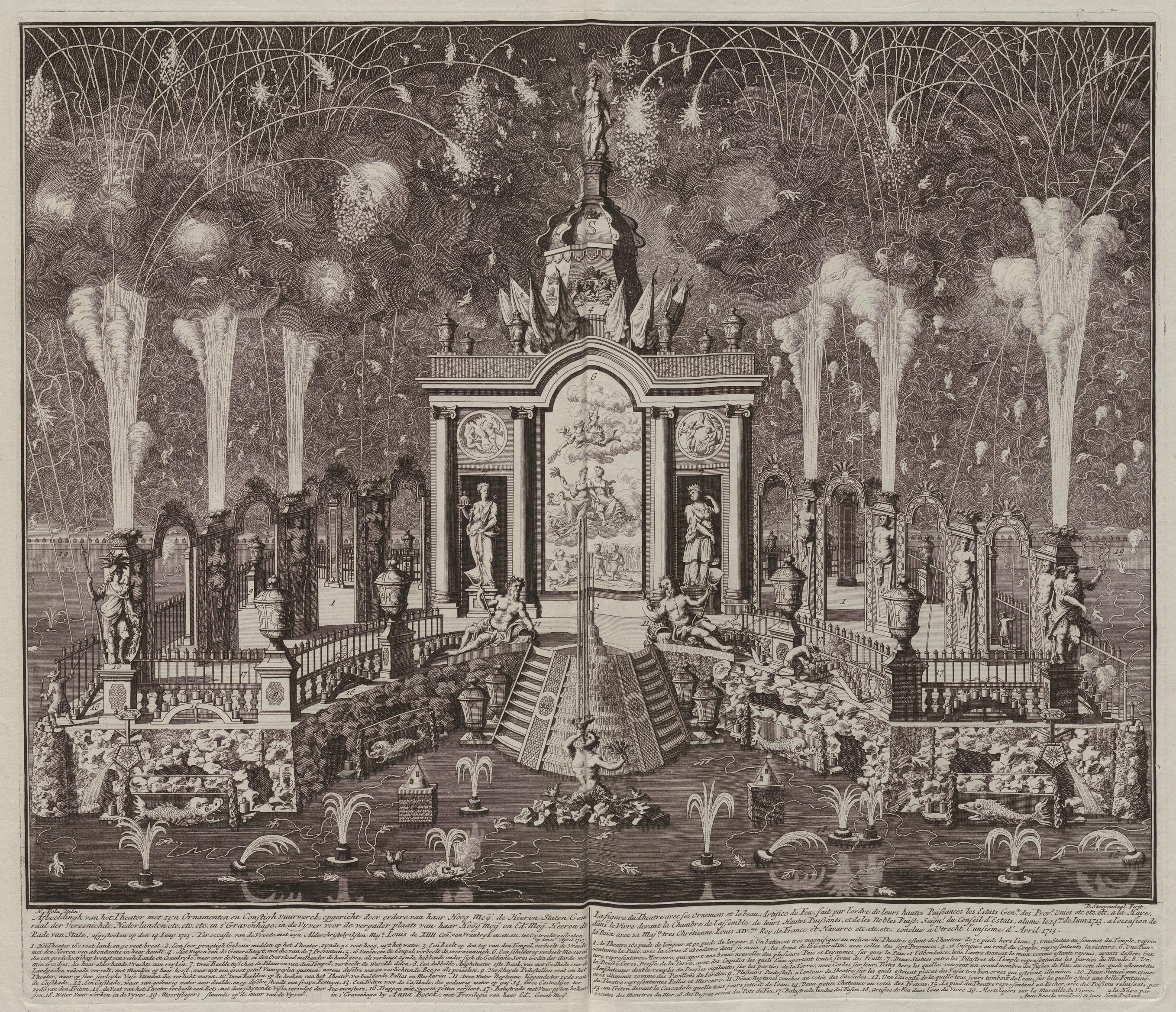 POLA, N., STOOPENDAAL, D. Fireworks from the stands of the United Provinces in The Hague, June 14, 1713, on the occasion of the Peace of Utrecht, 1713 &nbsp;