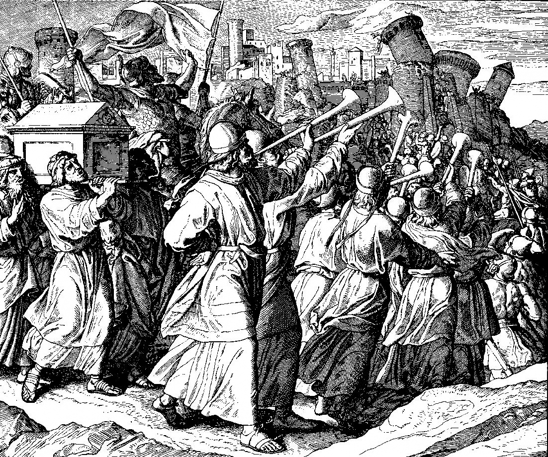 CAROLSFELD, Julius Schnorr von. The Hebrews blowing trumpets at the battle of Jericho (1400AC), gravura/engraving, 1860