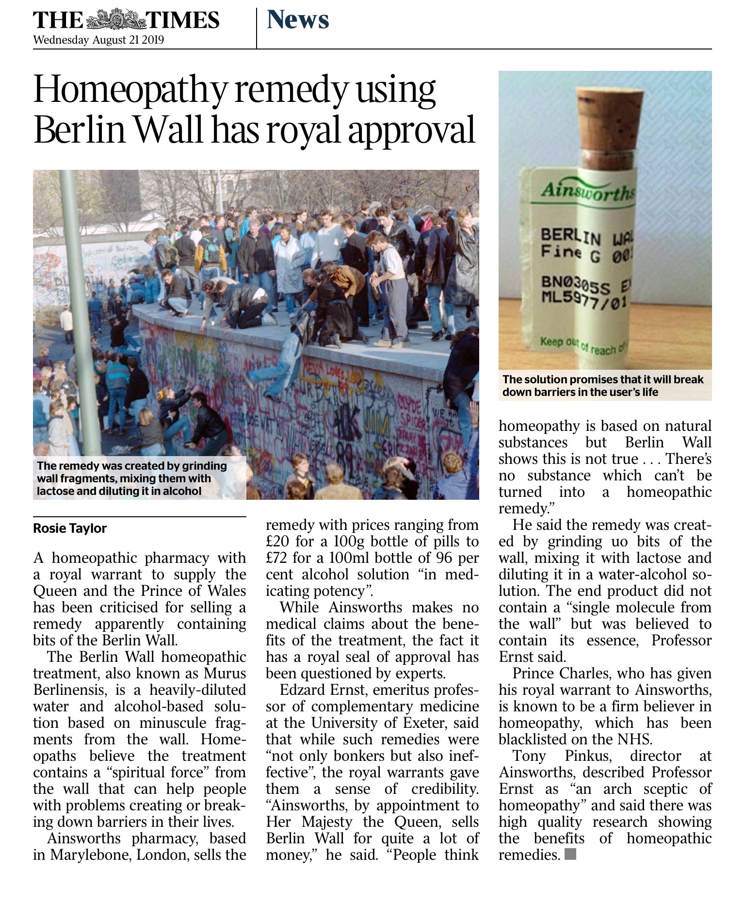 ROSIE, Taylor. Homeopathy remedy using Berlin Wall has royal approval, in The Times, 21 Agosto/August 2019&nbsp;