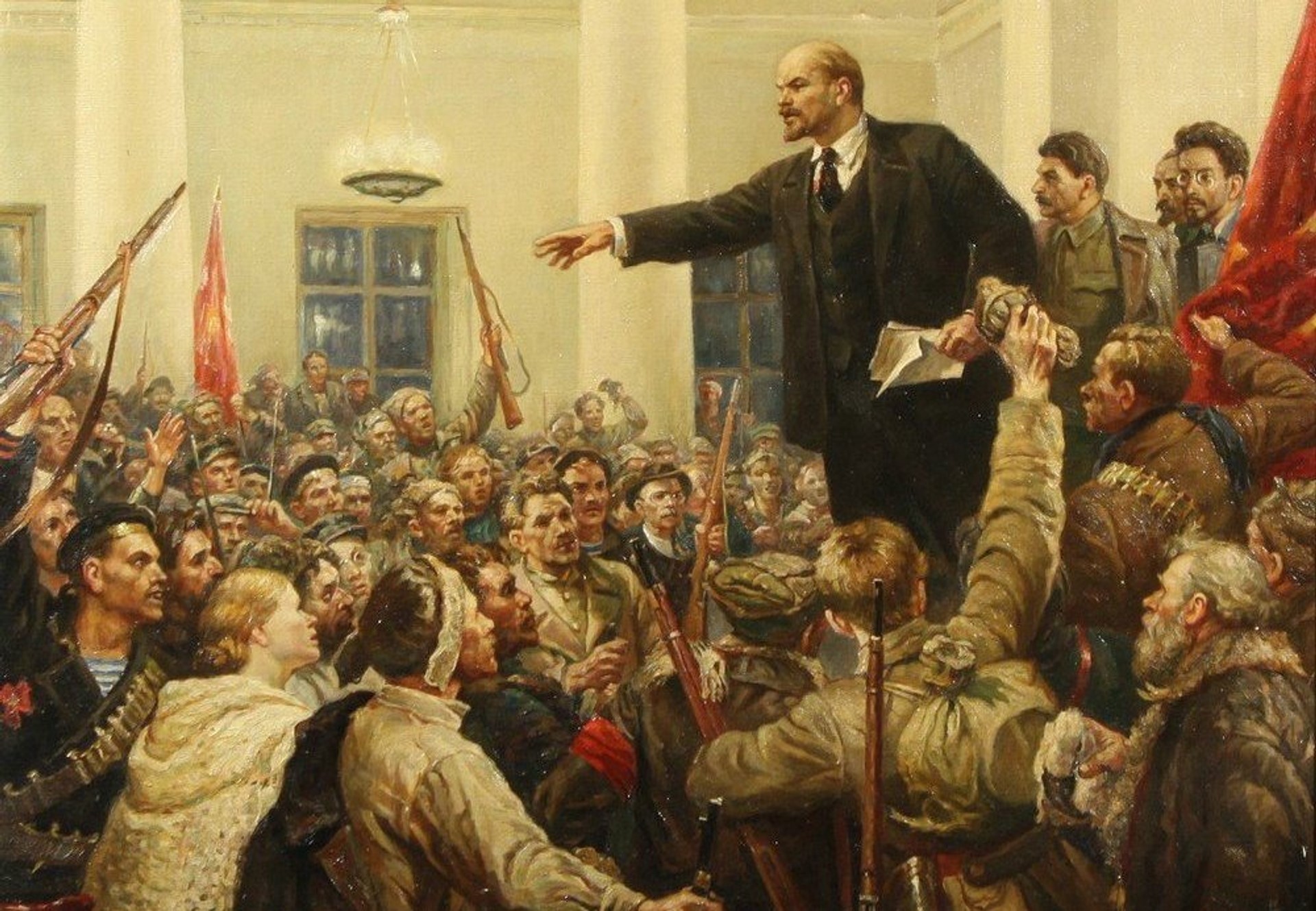 SEROV, Vladimir Aleksandrovich. V.I. Lenin Proclaims Soviet Rule, 1&ordf; vers&atilde;o/1st version, Estaline &eacute; deliberadamente colocado atr&aacute;s de Lenine no hist&oacute;rico &quot;2&ordm; Congresso dos Sovietes&quot; em 1917, evento ao qual ele n&atilde;o assistiu/Stalin is deliberately placed behind Lenin in the historical &quot;Second Meeting of the Soviets&quot; in 1917, an event Stalin did not attend, &oacute;leo sobre tela/oil on canvas, 160 X 123 cm, 1947