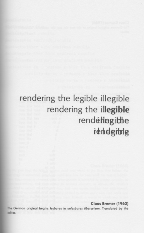 BREMER, Claus. [1963] lesbares in unlesbares &uuml;bersetzen, in Anthology of Concrete Poetry, (1st ed. 1967), ed. WILLIAMS, Emmett, Primary Information 2013. p.64&nbsp;