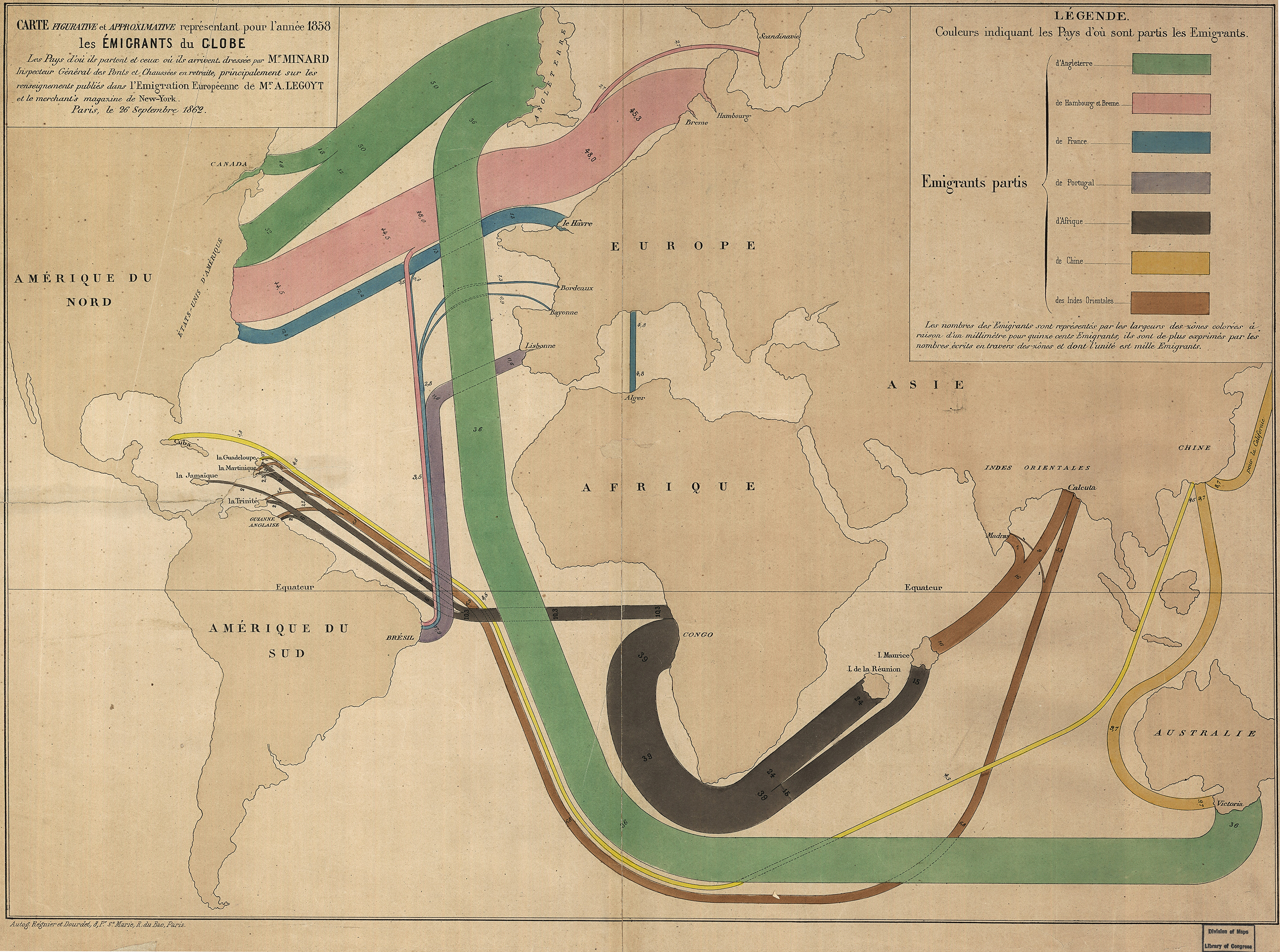 MINARD, Charles Joseph. Carte figurative et approximative repr&eacute;sentant pour l&#39;ann&eacute;e 1858 les &eacute;migrants du globe, les pays d&acute;o&ugrave; ils partent et ceux o&uacute; ils arrivent, 51 x 69 cm, 1862