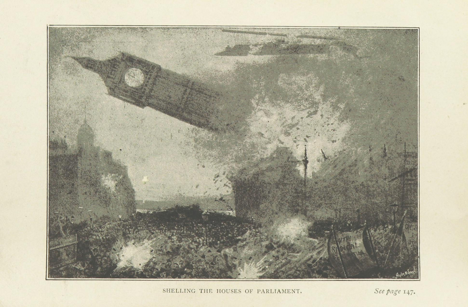 JANE, Fred T. Shelling the Houses of Parliament, in Hartmann, the Anarchist Or, The Doom of the Great City, Edward Arnold London, 1893