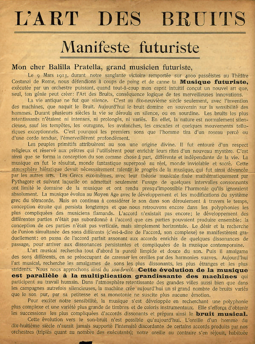 RUSSOLO, Luigi. L&acute;Art des Bruits, Manifeste Futuriste, 1913. p.1