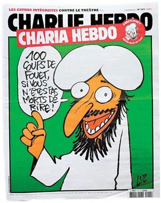 CHARLIE HEBDO, 1000 Lashes if you don't die of laughter!, capa de jornal satírico/satirical newspaper cover, ed. #1011, após a publicação, os escritórios do jornal foram atacados com bombas incendiárias e o website foi alvo de hackers/after that issue was published, the magazine's office was firebombed and its website was hacked, 2 Novembro/November 2011