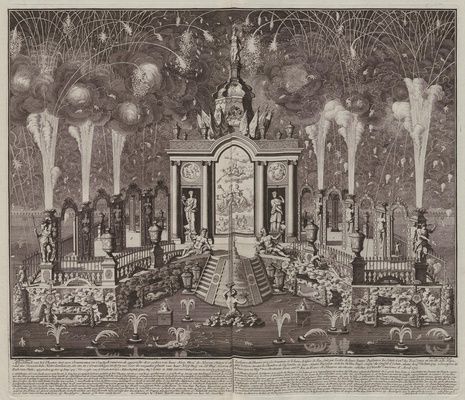 POLA, N., STOOPENDAAL, D. Fireworks from the stands of the United Provinces in The Hague, June 14, 1713, on the occasion of the Peace of Utrecht, 1713  