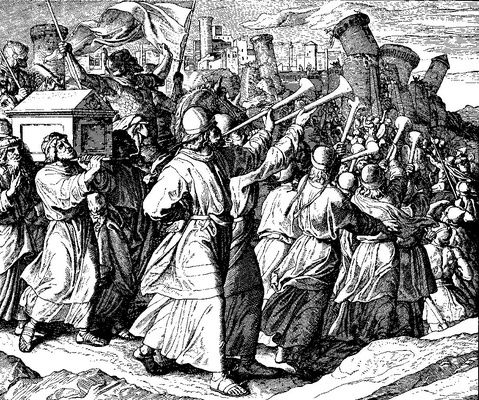 CAROLSFELD, Julius Schnorr von. The Hebrews blowing trumpets at the battle of Jericho (1400AC), gravura/engraving, 1860