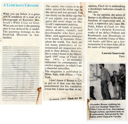 SAUERWEIN, Laurent. A Ludicrous Crusade; VAROTTO, Giancarlo. Alexander Brener realizing his work over Kasimir Malevich's White Cross on Gray, recortes de imprensa/press clippings from Flash Art #194, Verão/Summer 1997. pp.83-84