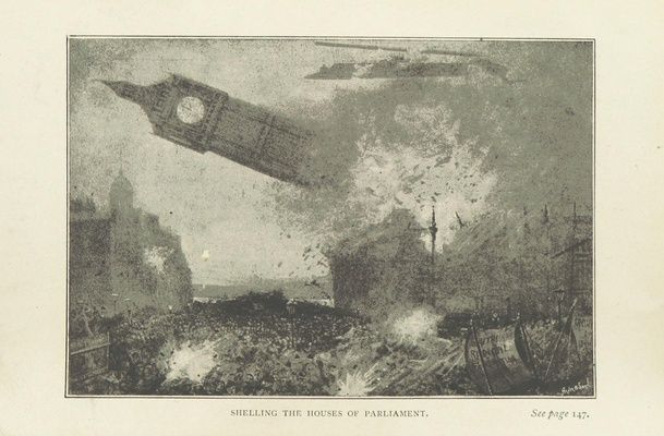 JANE, Fred T. Shelling the Houses of Parliament, in Hartmann, the Anarchist Or, The Doom of the Great City, Edward Arnold London, 1893
