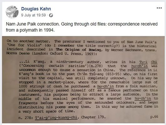 Nam June Paik connection. Going through old files: correspondence received from a polymath in 1994, facebook post por/by Douglas Kahn, 09 Julho/July 2020